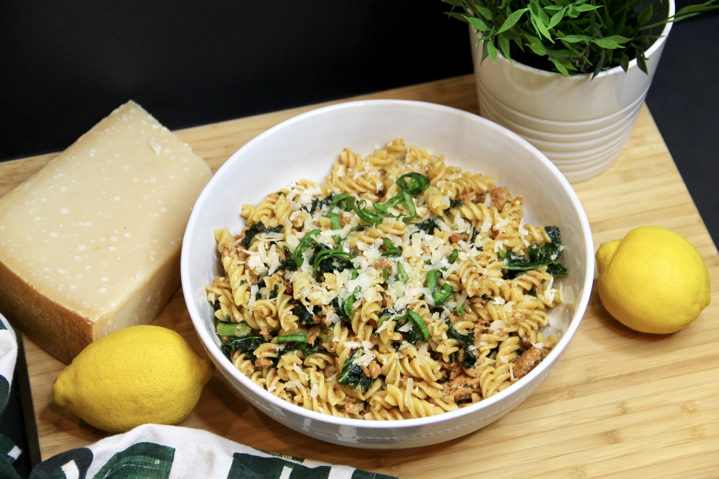 PASTA WITH SAUSAGE, KALE, AND LEMON
