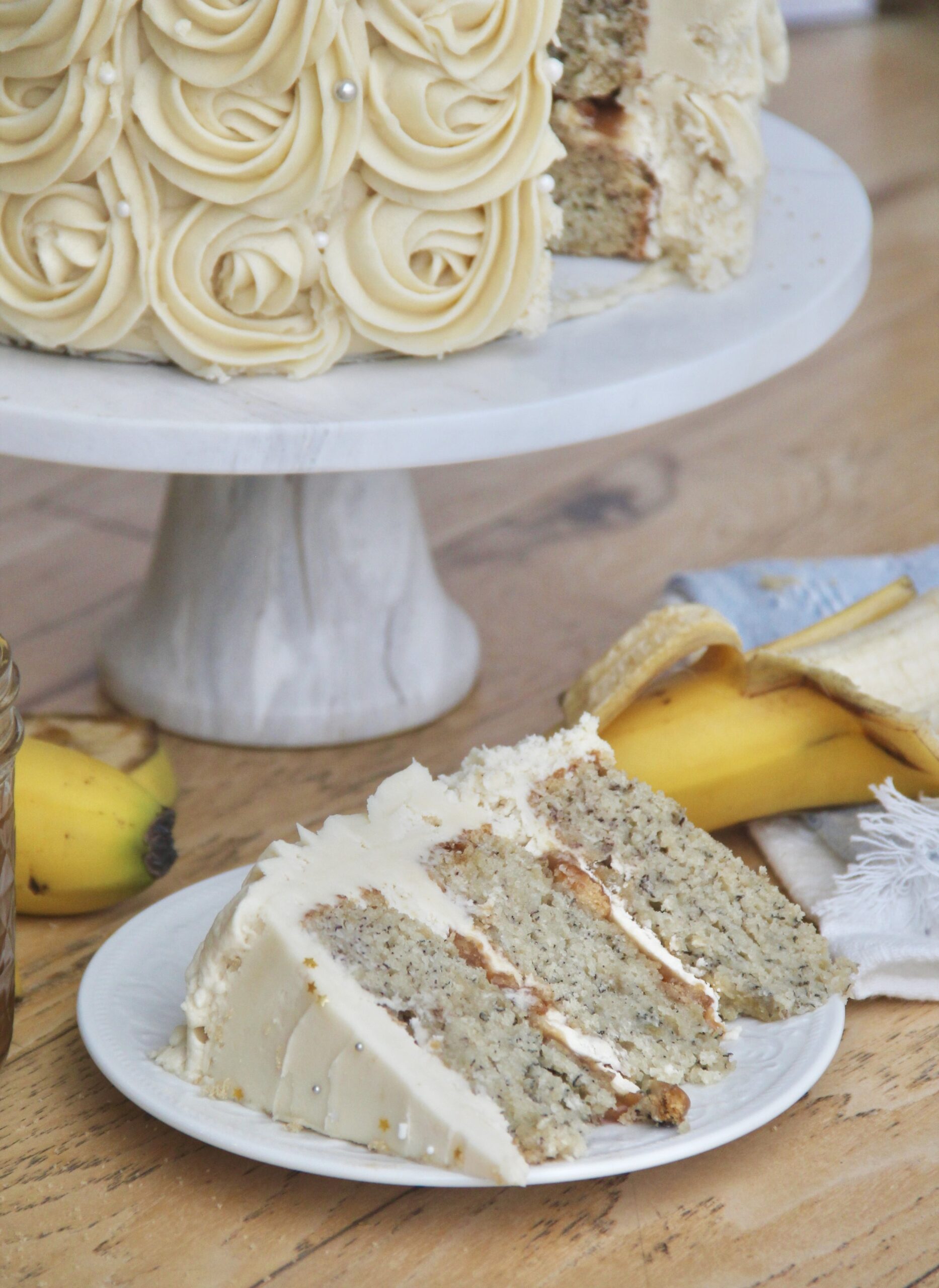 BANANA CAKE WITH SALTED CARAMEL, NILLA WAFER CRUNCH, AND BROWN SUGAR BUTTERCREAM